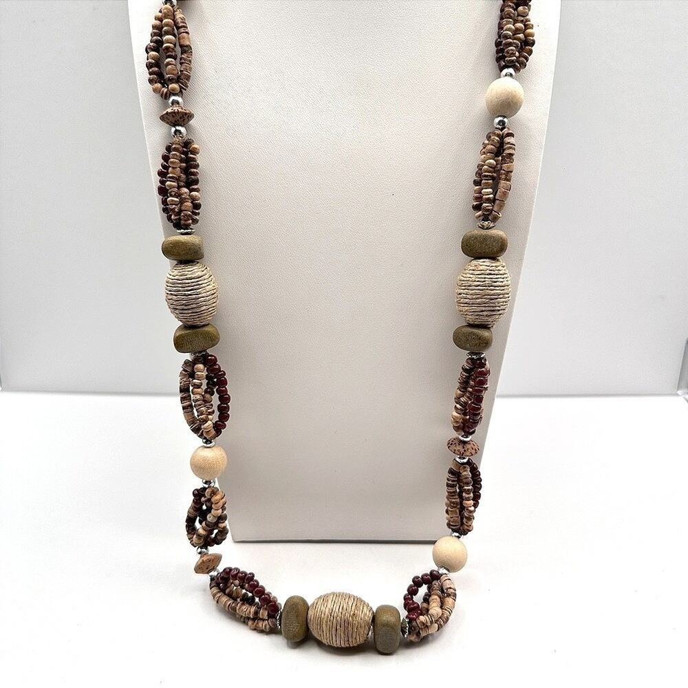 Vintage 90s Chunky Wood Bead Necklace Multi-Strand Earth Tone Statement Boho Y2K